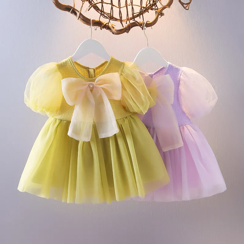 Girls Fashion Solid Color Mesh Puff Sleeve Bow Princess Dress for Baby (0-3T)