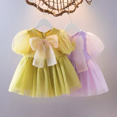Girls Fashion Solid Color Mesh Puff Sleeve Bow Dress