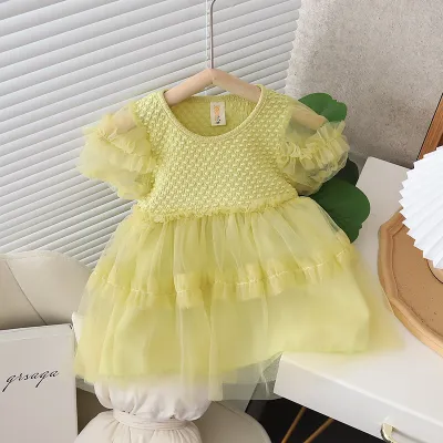 Girls Fashion Solid Color Bubble Sleeve Mesh Princess Dress for Baby Girls 0-3T