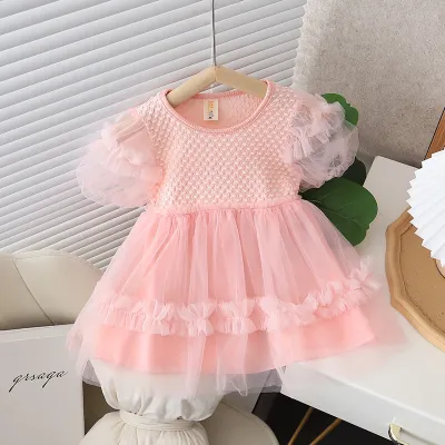 Girls Fashion Solid Color Bubble Sleeve Mesh Dress