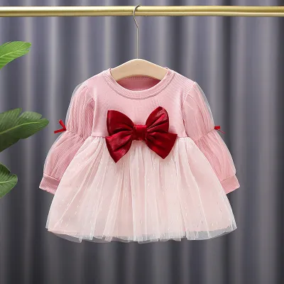 Girls Fashion Long Sleeve Bow Mesh Pleated Dress for Baby Girls Cotton Solid Color