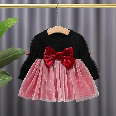 Girls Fashion Long Sleeve Bow Mesh Pleated Dress for Baby Girls Cotton Solid Color