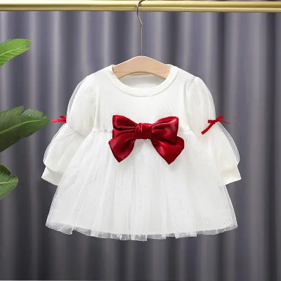 Girls Fashion Long Sleeve Bow Mesh Pleated Dress for Baby Girls Cotton Solid Color