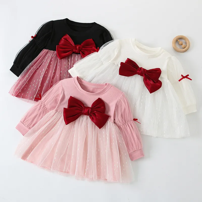 Girls Fashion Long Sleeve Bow Mesh Pleated Dress for Baby Girls Cotton Solid Color