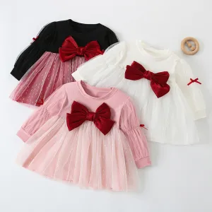 Girls Fashion Long Sleeve Bow Mesh Pleated Dress for Baby Girls Cotton Solid Color