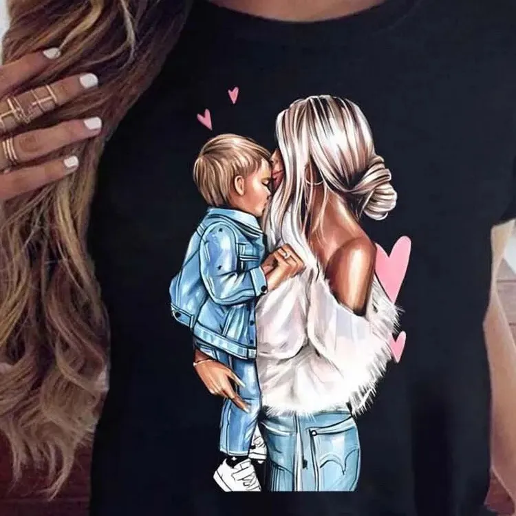Summer Women Cartoon Parent-Child Pattern Printed Crewneck Short-Sleeve T-Shirt