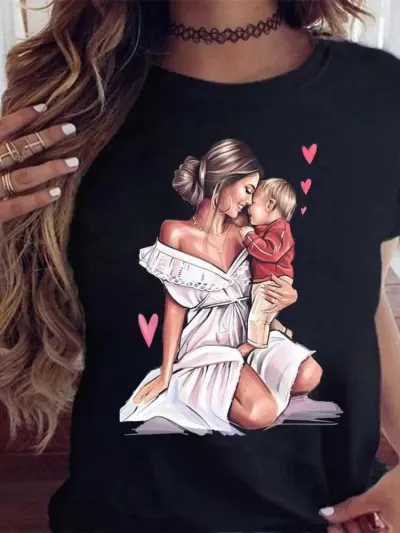 Summer Women Cartoon Parent-Child Pattern Printed Crewneck Short-Sleeve T-Shirt
