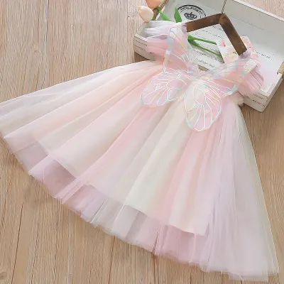 Girls Fashion Multicolor Mesh Butterfly Princess Lace Spliced Dress for Kids Baby Girls Clothing(0-3T)