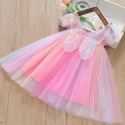 Girls Fashion Multicolor Mesh Butterfly Princess Lace Spliced Dress for Kids Baby Girls Clothing(0-3T)