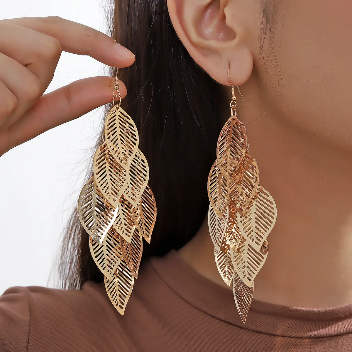 Fashion Simple Multi-Layer Hollow Leaf Earrings Metal Women