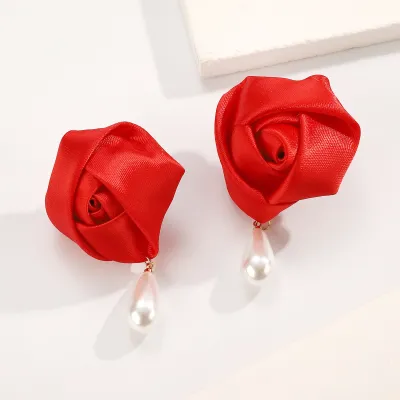 Fashion Three-Dimensional Rose Floral Pearl Pendant Earrings