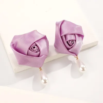 Fashion Three-Dimensional Rose Floral Pearl Pendant Earrings