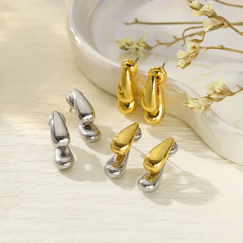 Fashion Two-Color Water Drop Personalized Metal Stitching Stud Earrings