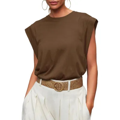 Summer Women Casual Solid Color Round Neck Loose Fit Polyester T-Shirt