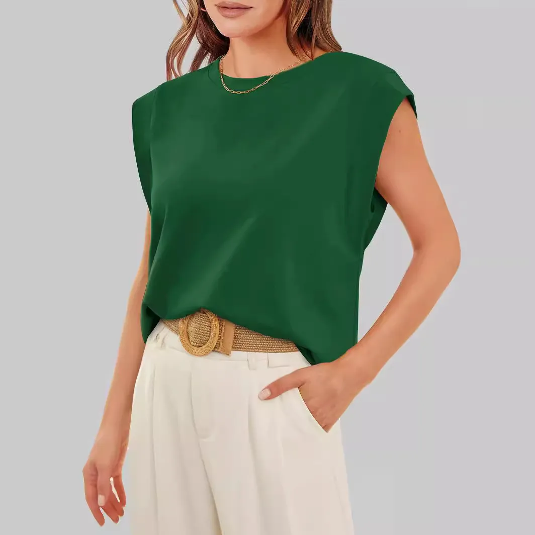 Summer Women Casual Solid Color Round Neck Loose Fit Polyester T-Shirt