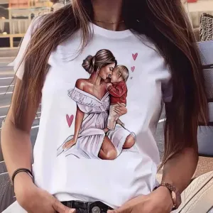 Summer Women Fashion Cartoon Parent-Child Pattern Printed Crewneck Short-Sleeved T-Shirt