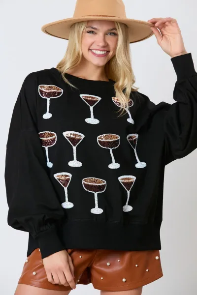 Women's Casual Wine Glass Sequins Pullover Sweatshirt