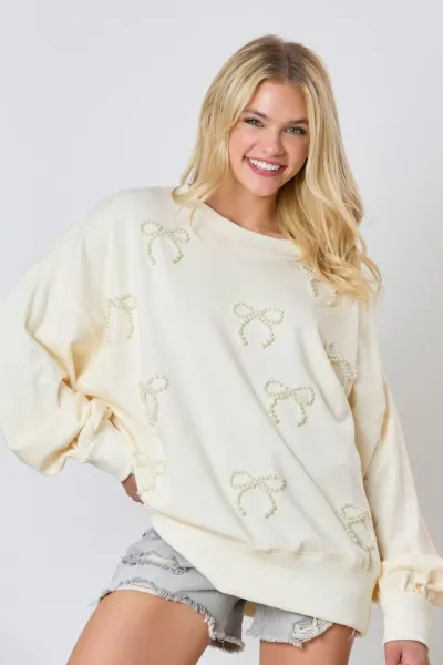 Women Fashion Solid Color Butterfly Pearl Bow Trim Pullover Sweatshirt