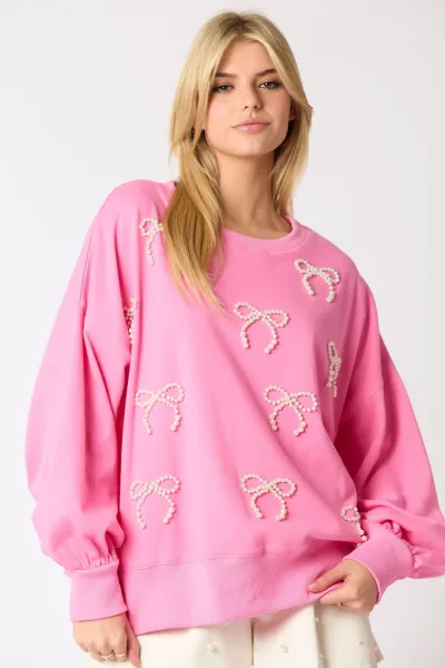 Women Fashion Solid Color Butterfly Pearl Bow Trim Pullover Sweatshirt