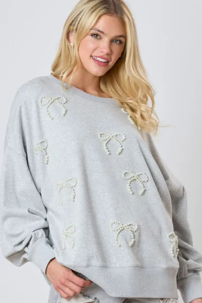 Women Fashion Solid Color Butterfly Pearl Bow Trim Pullover Sweatshirt