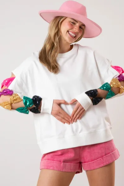 Women Fashion Bow Sequin Cutout Pullover Sweatshirt