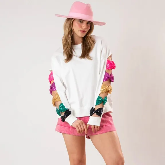 Women Fashion Bow Sequin Cutout Pullover Sweatshirt