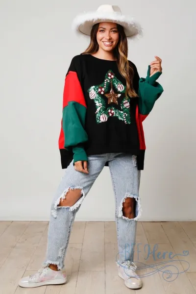 Christmas Women Sequin Pullover Sweatshirt Loose Fit Crewneck