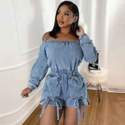 Women Fashion Off-Shoulder Long Sleeve Large Pocket Denim Rompers