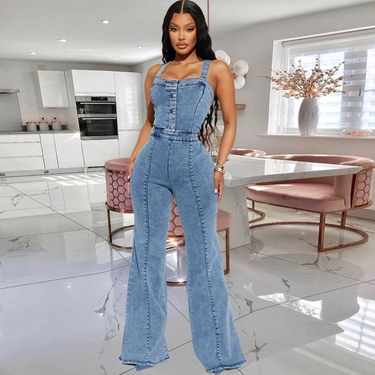 Wholesale Women Fashion Single Breasted Denim Jumpsuit