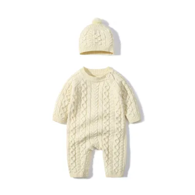 Winter Baby Fashion Solid Color Knit One Piece And Hat Set for Infant Boys Girls