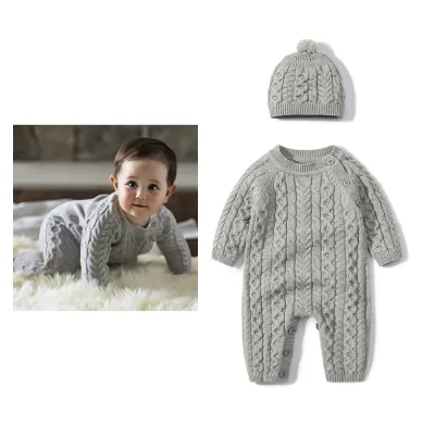 Winter Baby Fashion Solid Color Knit One Piece And Hat Set for Infant Boys Girls