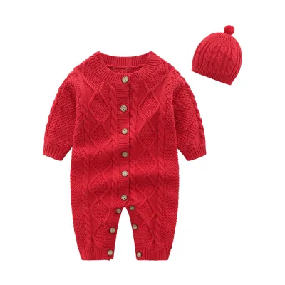 Winter Baby Simple Solid Color Single-Breasted Knitted Onesie and Hat
