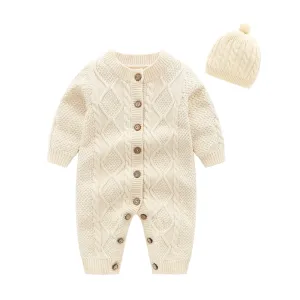 Winter Baby Simple Solid Color Single-Breasted Knitted Onesie and Hat