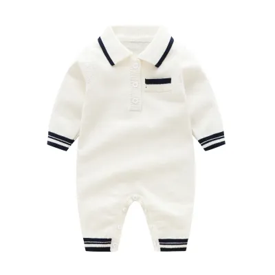 Winter Baby Simple Lapel Knit One Piece Long Sleeve Cotton Neutral Hidden Button Romper for Kids Baby Boys 0-3T