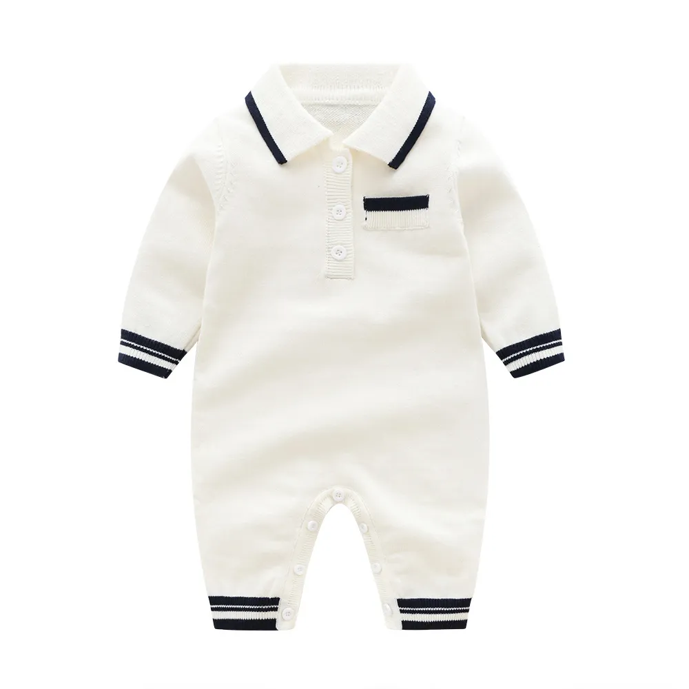 Winter Baby Simple Lapel Knit One Piece Long Sleeve Cotton Neutral Hidden Button Romper for Kids Baby Boys 0-3T