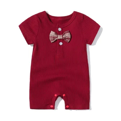Baby Simple Solid Color Bow Short Sleeve One Piece Cotton Romper for Boys Girls