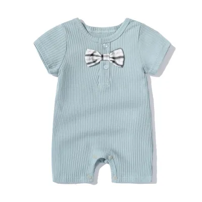 Baby Simple Solid Color Bow Short Sleeve One Piece Cotton Romper for Boys Girls