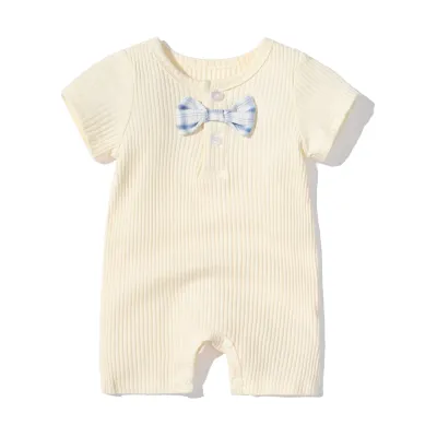 Baby Simple Solid Color Bow Short Sleeve One Piece Cotton Romper for Boys Girls