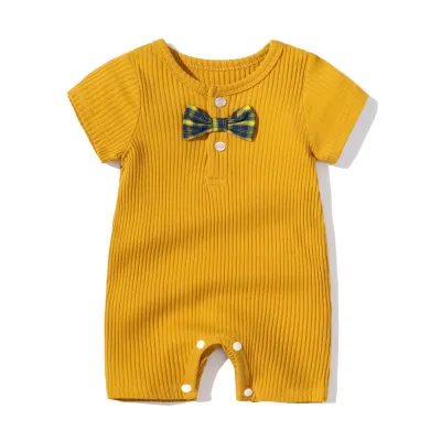 Baby Simple Solid Color Bow Short Sleeve One Piece Cotton Romper for Boys Girls