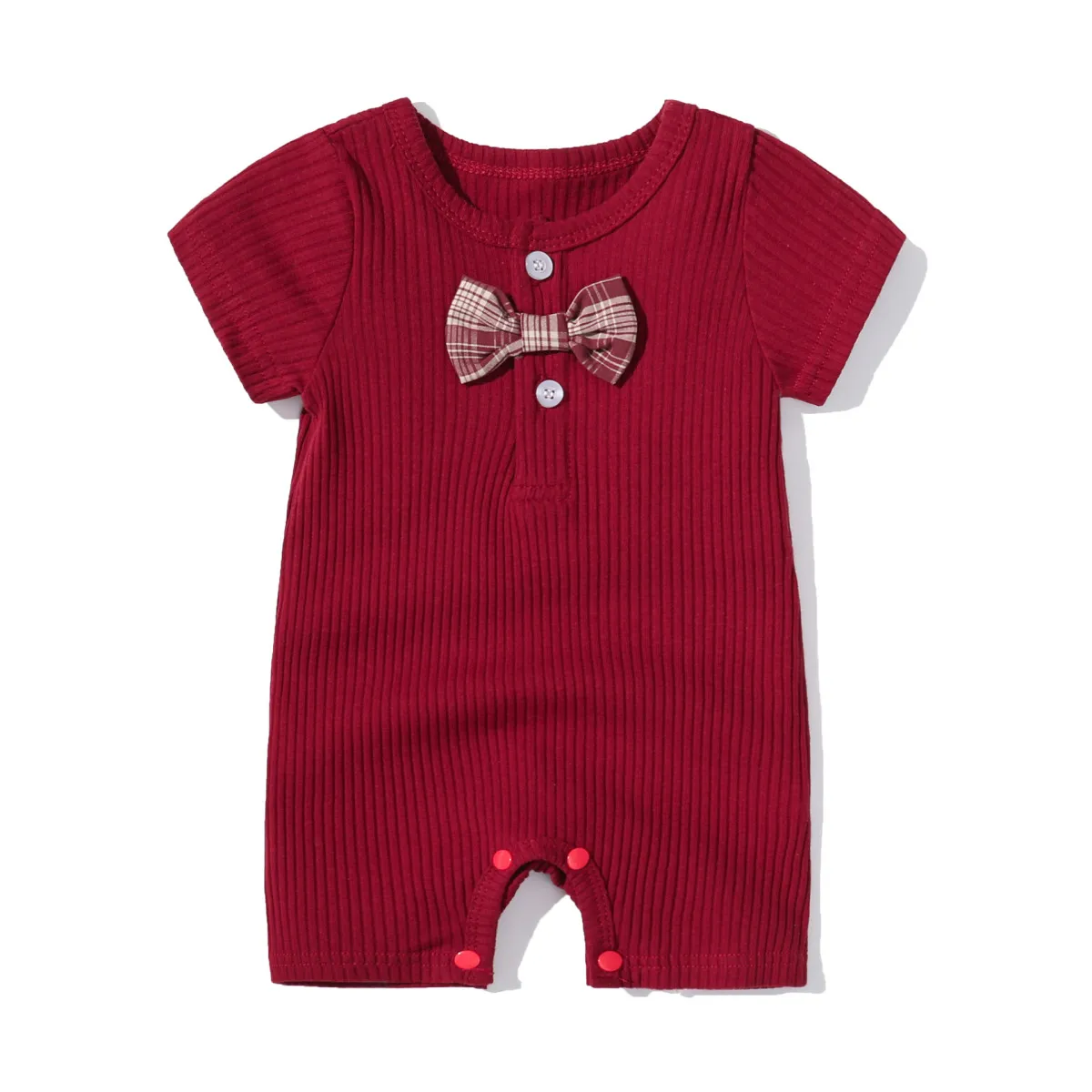 Baby Simple Solid Color Bow Short Sleeve One Piece Cotton Romper for Boys Girls