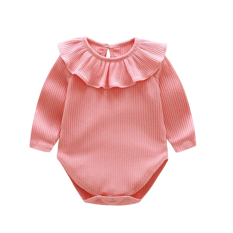 Baby Simple Solid Color Ruffled Thread Long Sleeve One Piece Neutral Cotton Romper 0-3T