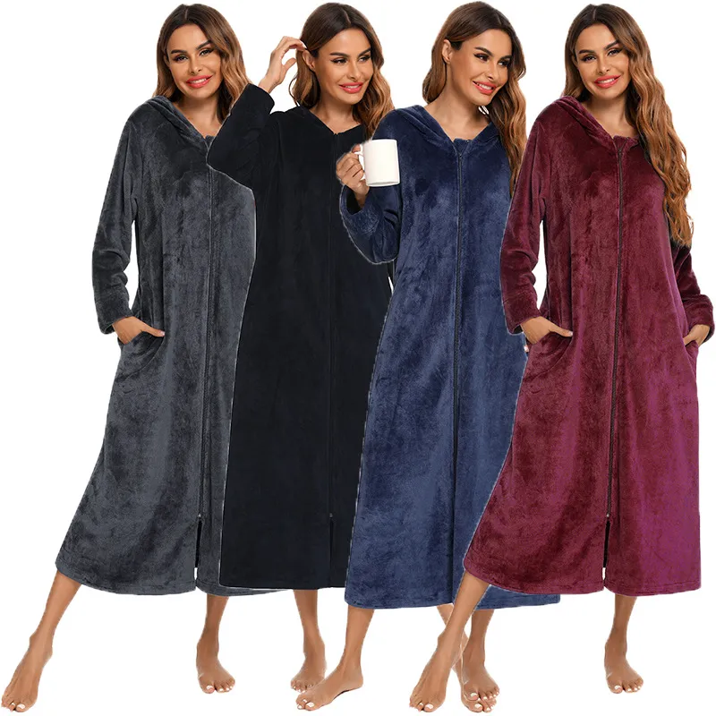 Winter Women's Flannel Zipper Long Sleeve Cardigan Pajamas