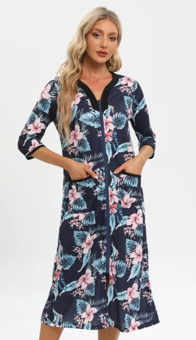 Women's Floral Print Zip Conjoined Pajamas
