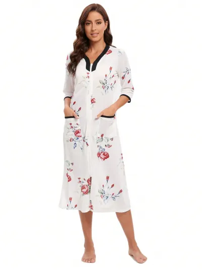 Women's Floral Print Zip Conjoined Pajamas
