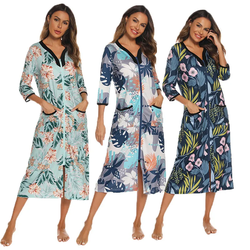 Women's Floral Print Zip Conjoined Pajamas