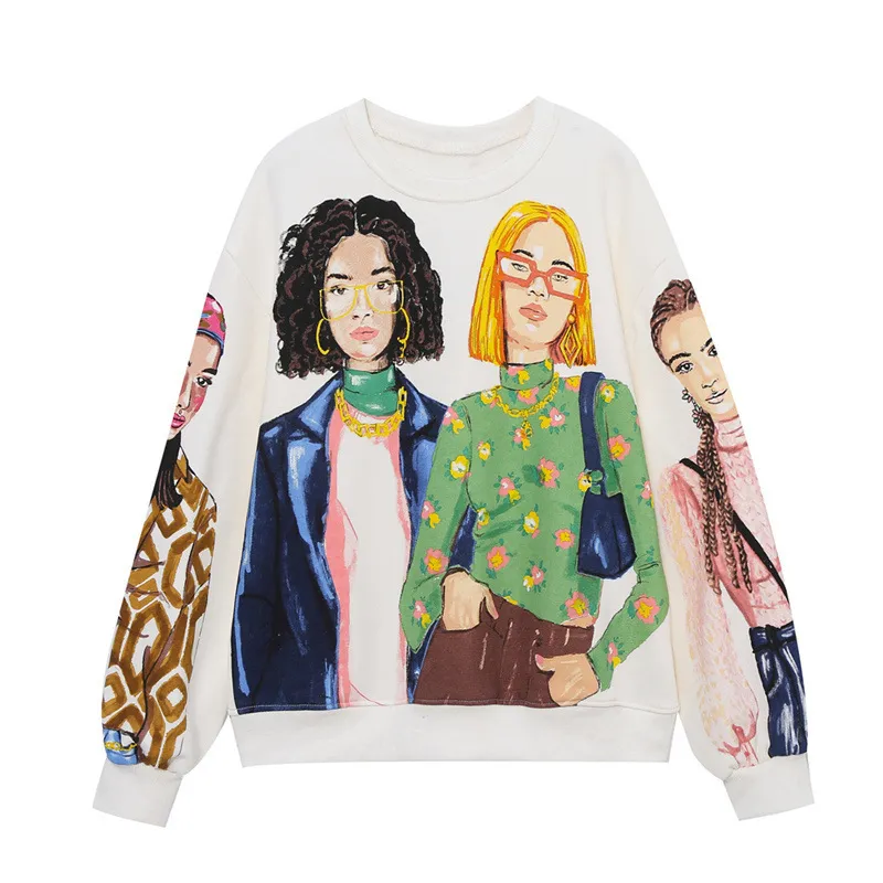 Women Casual Cartoon Print Crewneck Sweatshirt Wave Collar