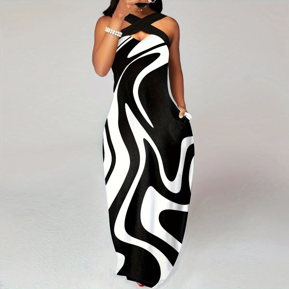 Women Fashion Abstract Print Hanging Neck Sleeveless Maxi Dress