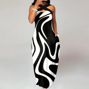 Women Fashion Abstract Print Hanging Neck Sleeveless Maxi Dress