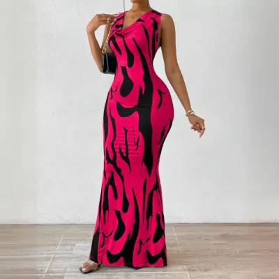 Women Fashion Print Sleeveless Bodycon Maxi Dress