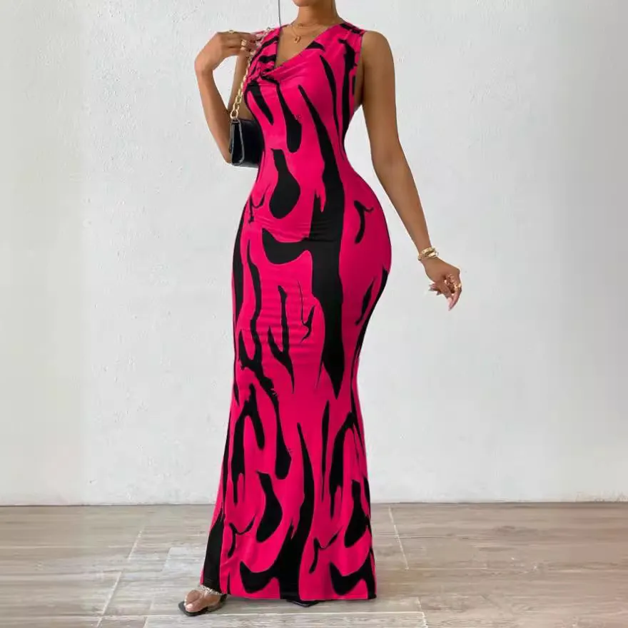 Women Fashion Print Sleeveless Bodycon Maxi Dress